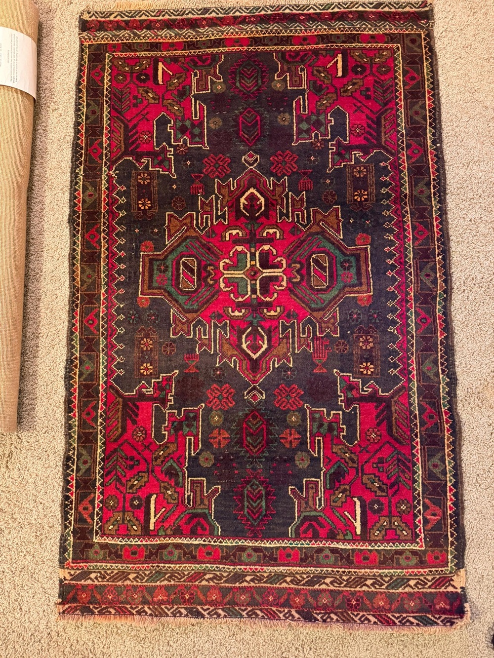 Vintage Handwoven Geometric Area Rug - Red & Navy
